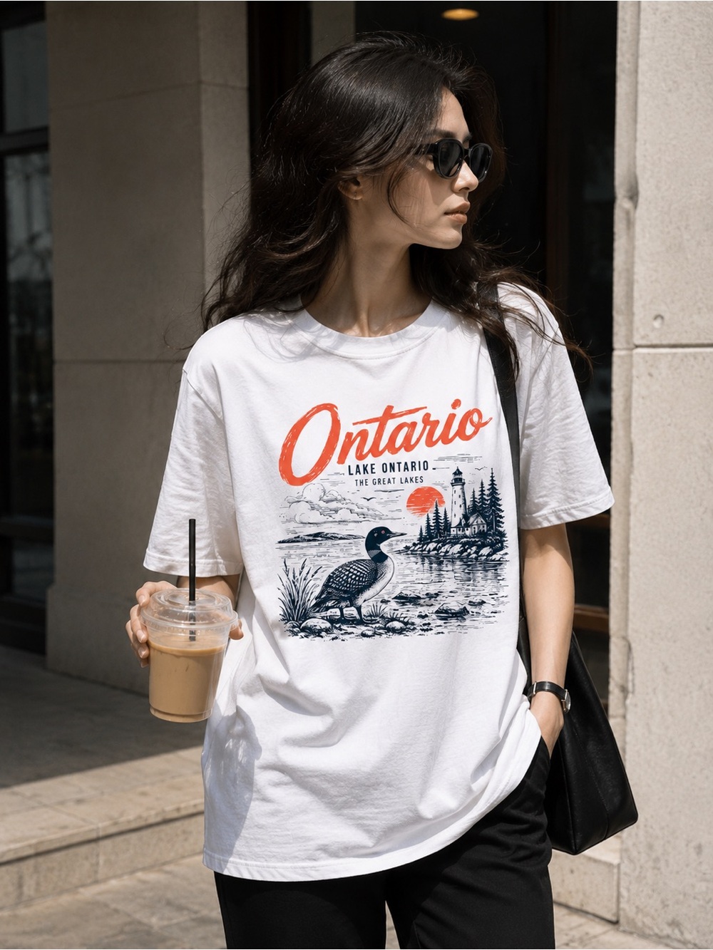 Lake Ontario Great Lakes Loon Lighthouse Retro Outdoors Nature Graphic Tee Shirt